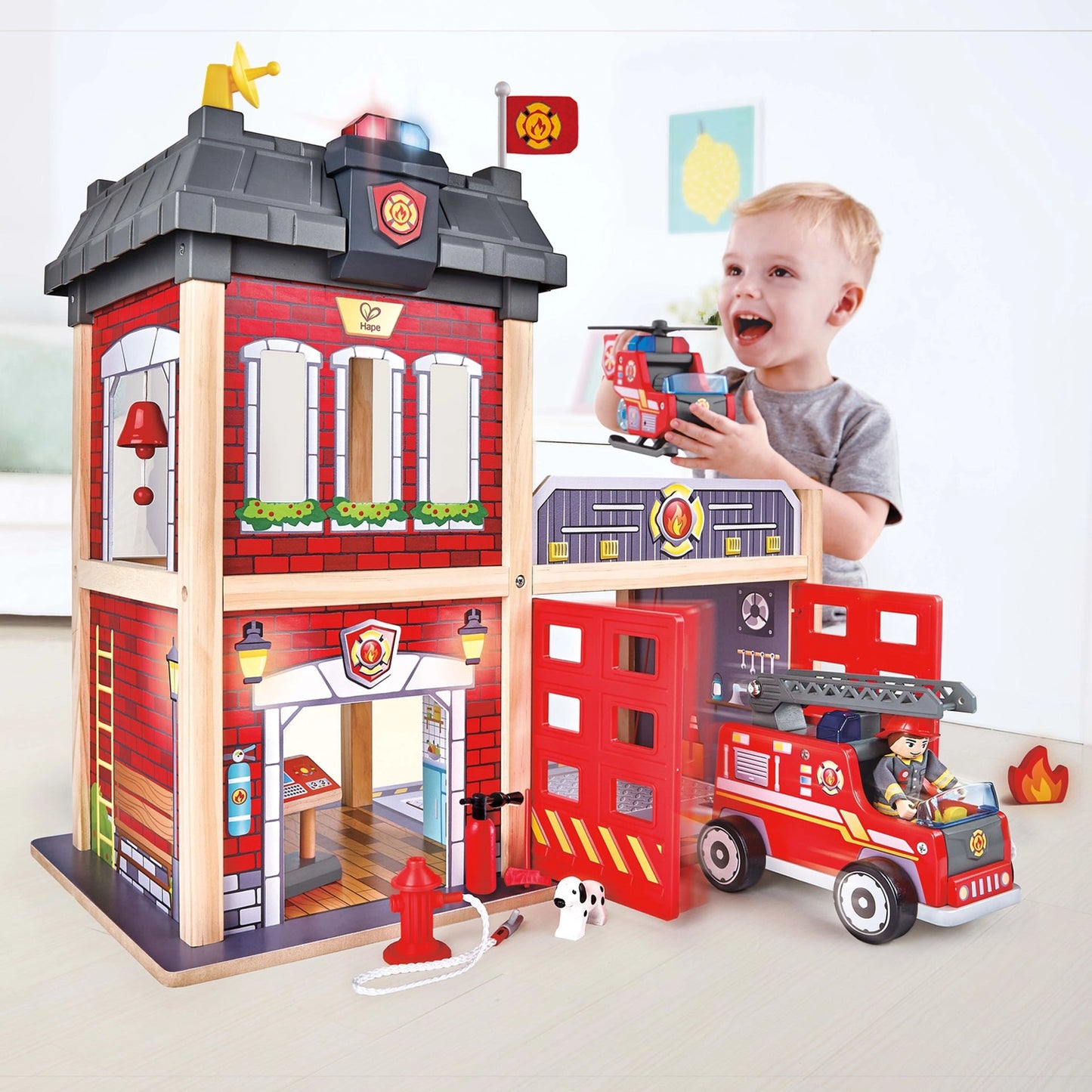 Hape Fire Station-Wooden Playset with Lights & Sounds For 3+